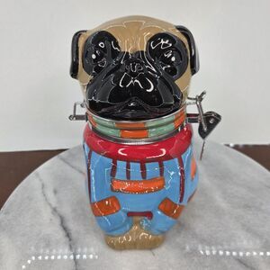 Boston Warehouse Pug Cookie Jar Ceramic Canister Clamp Lid Multicolor Dog Decor
